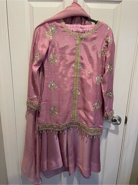 Custom made Never Worn Embroidered Pink Sharara and Tunic Set with Gold Trim